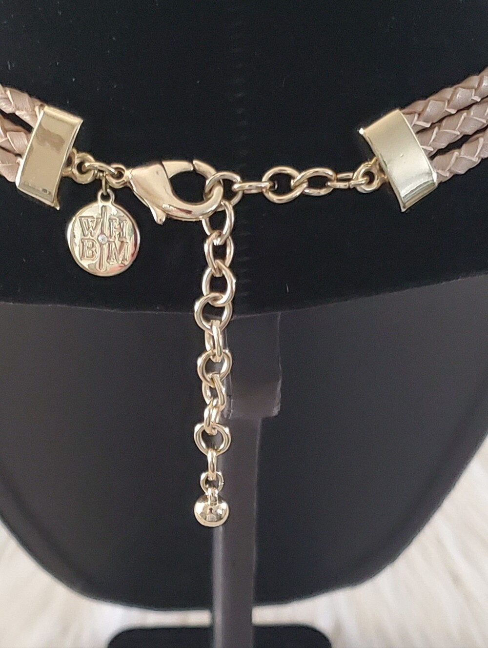 White House Black Market Braided Tan Faux Leather Gold-Tone Statement Necklace - Picture 6 of 8